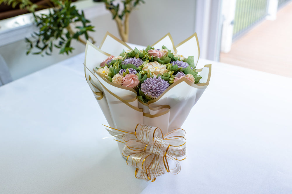 Lavender Love floral cupcake bouquet for Wednesday delivery — bouquet view