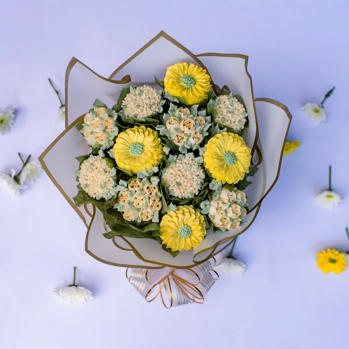 Hello Sunshine floral cupcake bouquet for Thursday delivery — bouquet view